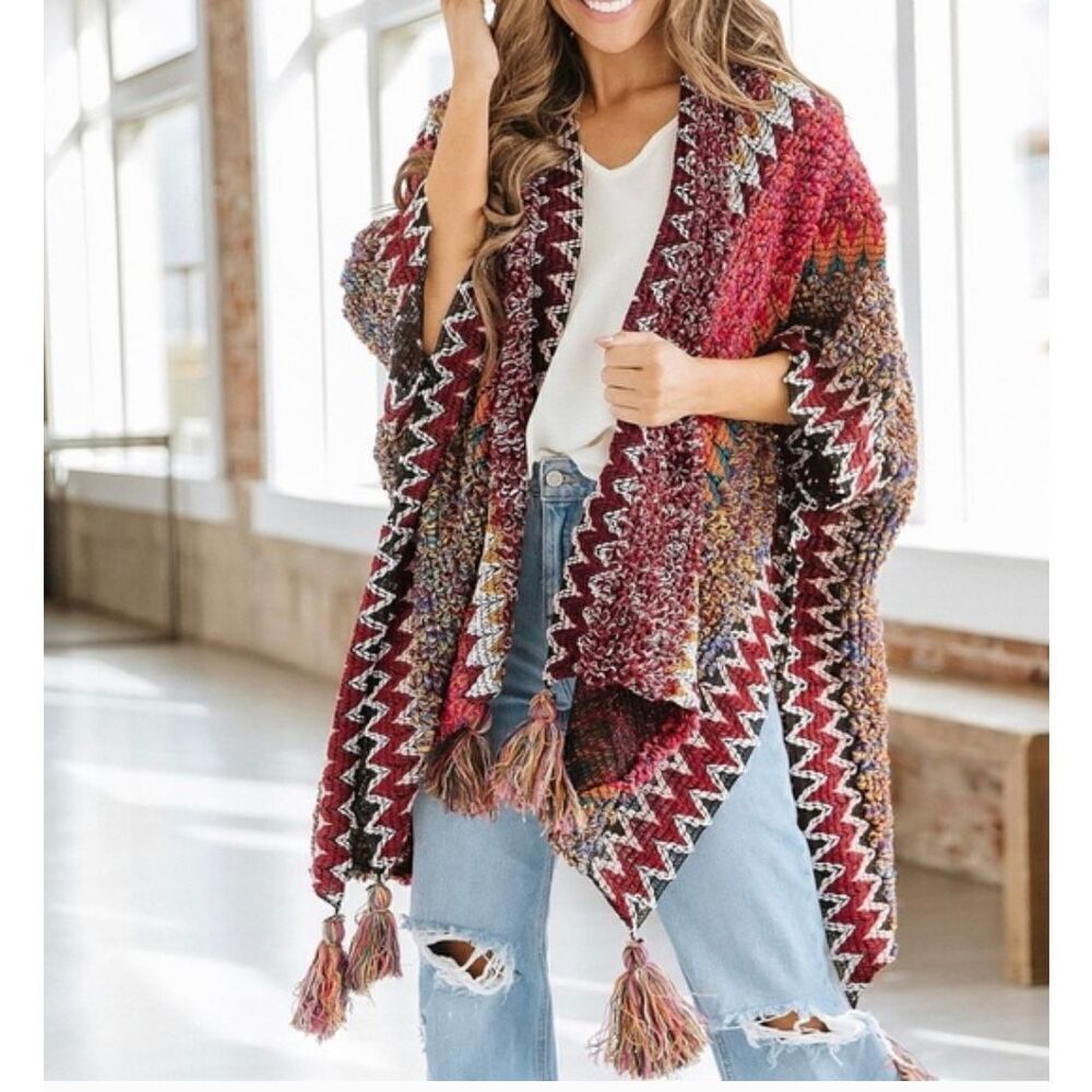 ADRIENNE VITTADINI Bohemian Colorful Woven Knit Scarf Wrap w PomPom Tassels NWT